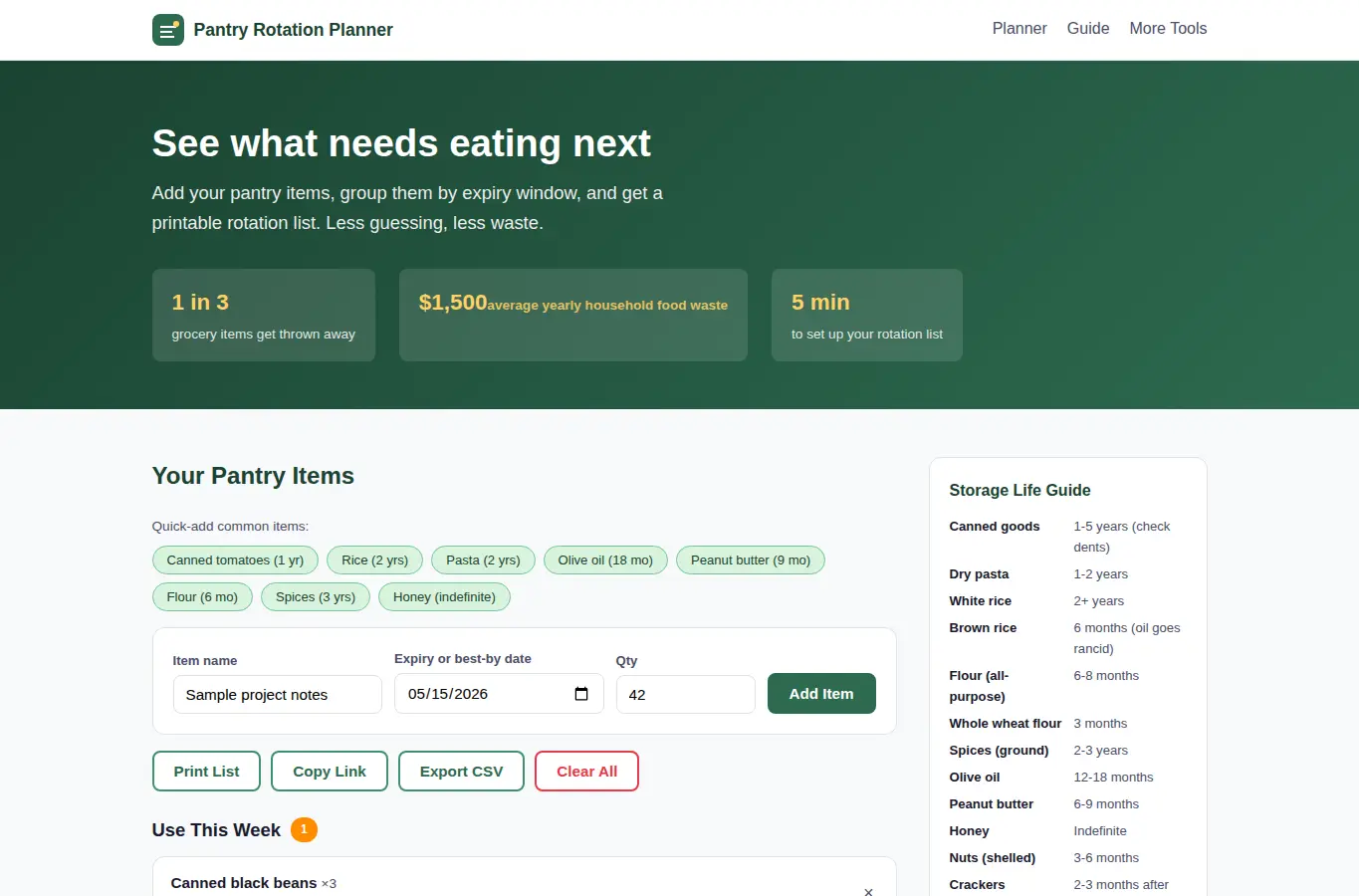 Screenshot of Pantry Expiry Rotation Grocery Grouping Tool interface showing the project page in use